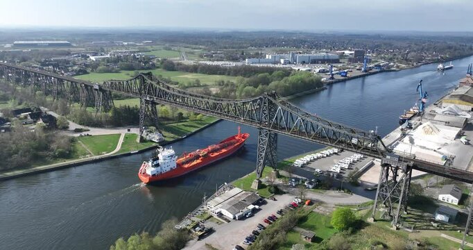 Rendsburger Hochbrucke, high overpass bridge over the Kiel canal, large industiral ships transportation from the Ostsee to the Nordsee, North-Octese Canal