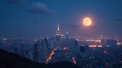 dusk falls moonlit city skyline slowly glowing ethereal soft light night time