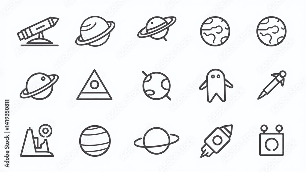Poster e set space related vector line icons contains icons observatory planet earth alien editable stroke 