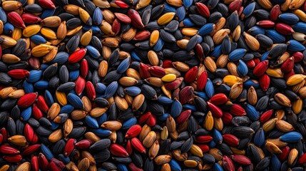Top-down view of a colorful seed mixture, essential nutrition for wild garden birds.