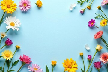 Scattered wildflowers on a light blue backdrop,  pastel,  blossom