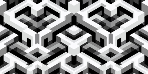 Seamless Isometric Vector Pattern of interlocking 3D Y-shaped geometric forms, monochrome (black, white, and gray), sharp edges, consistent lighting, 3D block illusion, repetitive and tileable, clean 