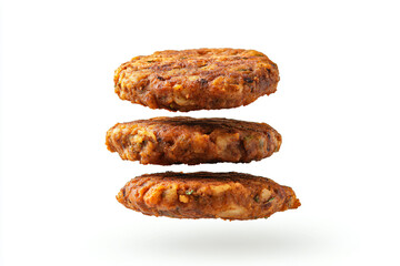 a stack of three hamburger patties on a white surface