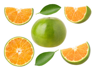 Tangerine orange or Clementine, half and slices isolated, transparent PNG, PNG format
