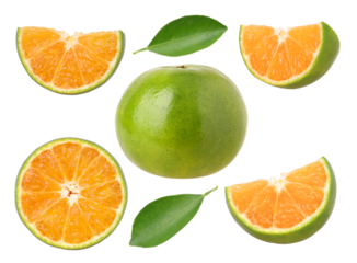 Tangerine orange or Clementine, half and slices isolated, transparent PNG, PNG format