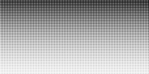Dotted halftone gradient texture. Vanishing polka dot background. Repeating dots gradation pattern background. Black fading comic pop art overlay backdrop. Raster effect wallpaper. © Ubay