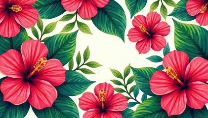 Bold hibiscus and tropical foliage repeat print , wallpaper, seamless