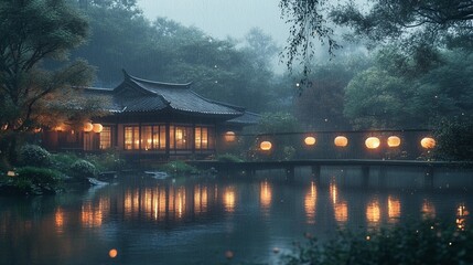 Fototapeta premium Rainy Night Garden Pavilion