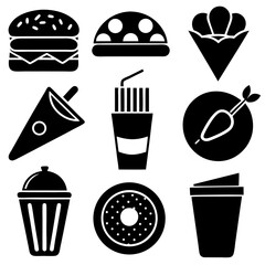 Craft a Balanced Black and White Icon Collection of Fast Food Favorites.