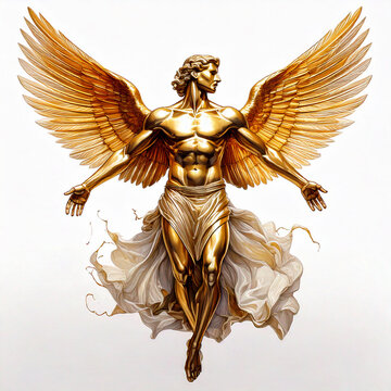 golden handmade figure flying icarus me with wings isolated on white
