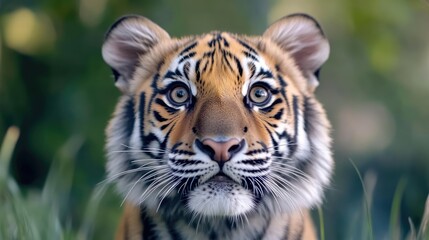Obraz premium Close-up of a curious tiger cub, its big eyes gazing directly at the camera, surrounded by lush greenery. A young tiger, full of life and wonder
