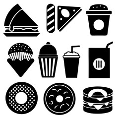 Fast Food Icon Set Clean, Minimalist Black and White Art