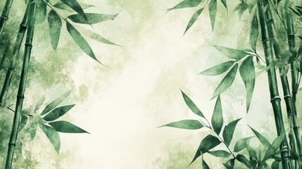 Verdant bamboo foliage, painted in soft greens and whites.