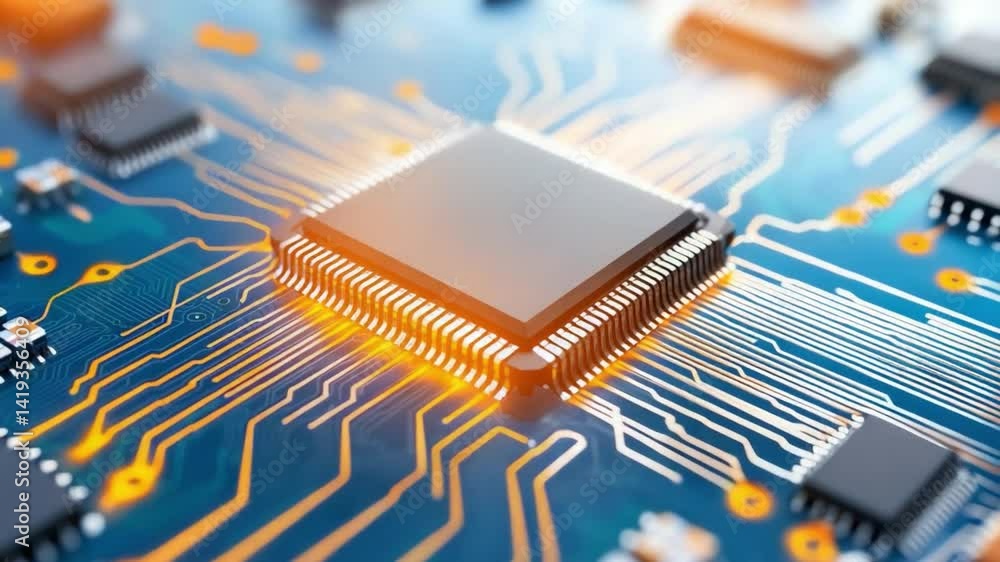 Poster close-up of electronic circuitry: a detailed view of an integrated circuit board, revealing intricat
