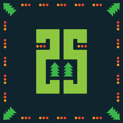 Forest Pattern: Symmetrical Green Design with Stylized Trees and number 25. Modern Geometric Art with Vibrant Dots Border. Perfect for Eco-Friendly Branding and Nature-Inspired Projects.