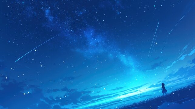 A lone figure stands under a starry night sky with the Milky Way and shooting stars visible. - Powered by Adobe