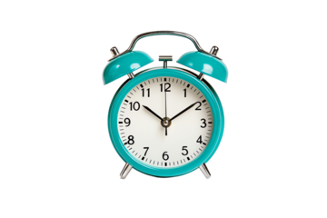 A vintage-style turquoise alarm clock displaying time with black hour and minute hands on a white dial.