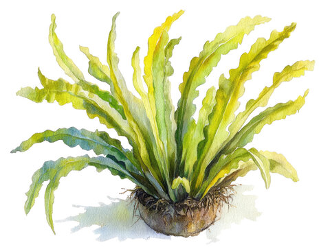 Watercolor Painting of a Lush Asplenium Nidus Bird's Nest Fern Plant with Vibrant Green and Yellow Hues