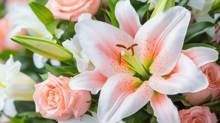 Fototapeta premium Large Elegant Funeral Wreath Featuring Pink Lilies and Roses Symbolizing Love and Remembrance