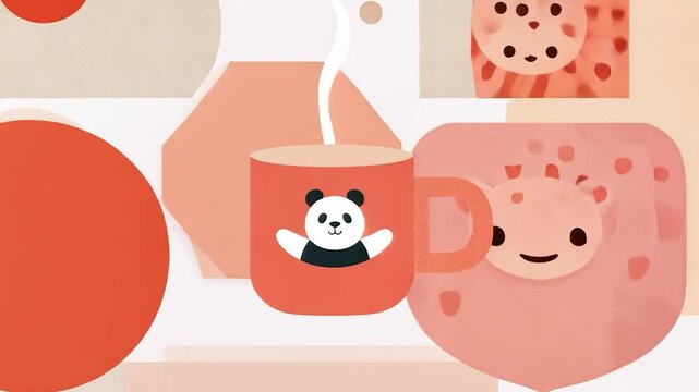 Cute panda and leopard mugs, abstract background