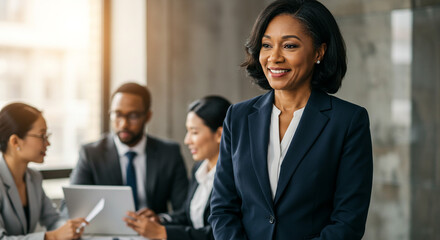 Confident businesswoman smiling leading a team meeting soft light blurred background