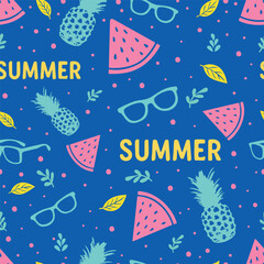 Seamless summer pattern with watermelons, pineapples, sunglasses, leaves and bright colors. Fun tropical design for apparel, packaging, stationery, and seasonal projects.