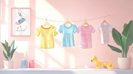 Pastel-colored children's clothing hanging on a clothesline in a sunny nursery.
