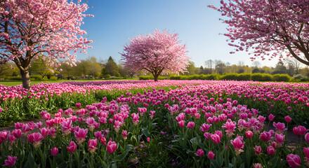 Pink Tulip Field with Blooming Cherry Trees: A Serene Spring Landscape