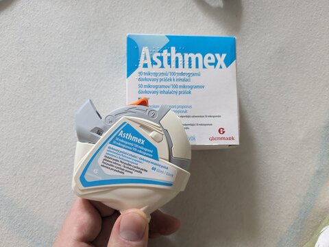 Prague,Czech Republic-January 8 2025: ASTHMEX INHALATOR with SALMETEROLUM FLUTICASONI by GLENMARK, used for treatment of asthma and chronic obstructive pulmonary disease

