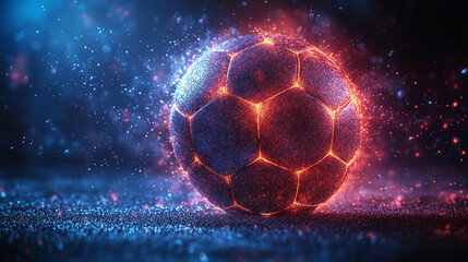 Fiery soccer ball glowing with particles on a dark field.