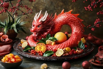 Vibrant Red Dragon Sculpture Surrounded by Fruits and Green Leaves