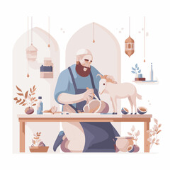 Illustration of Eid al-Adha. Muslims Prepare Sacrificial Animals. People Celebrate Eid al-Adha
