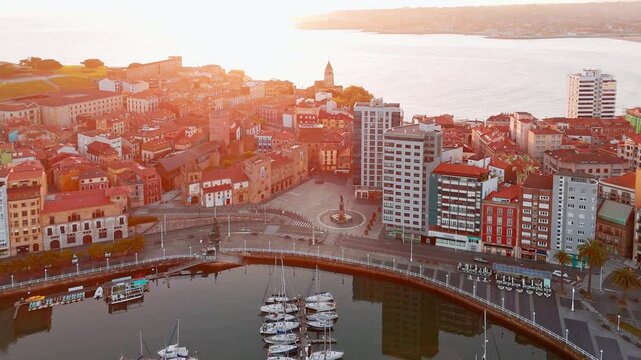 Aerial view of Gijon old town at sunrise, Asturias, Spain