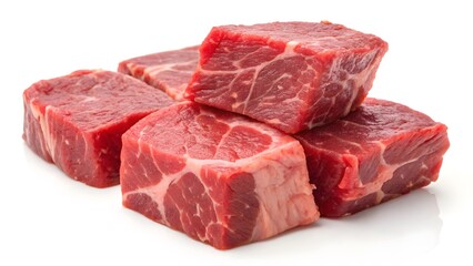 Obraz premium Fresh Cubed Raw Beef with Marbled Texture on White Background V1
