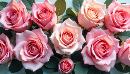 Naklejka premium Small-scale, evenly spaced roses in pastel hues , elegant, print, leaves