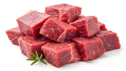 Fototapeta premium Fresh Cubed Raw Beef with Marbled Texture on White Background V3
