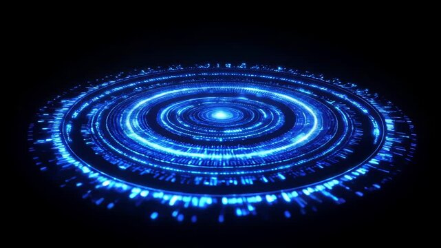 blue digital ring circle rotating in black background with glowing data