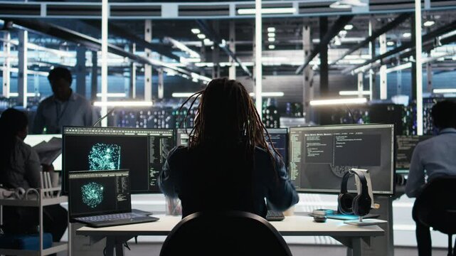 Irked data center IT expert smashing desk, upset by malfunctioning gear while using node tree software. Mad server hub engineer disgruntled by errors, using glitching AI visualization tech, camera A