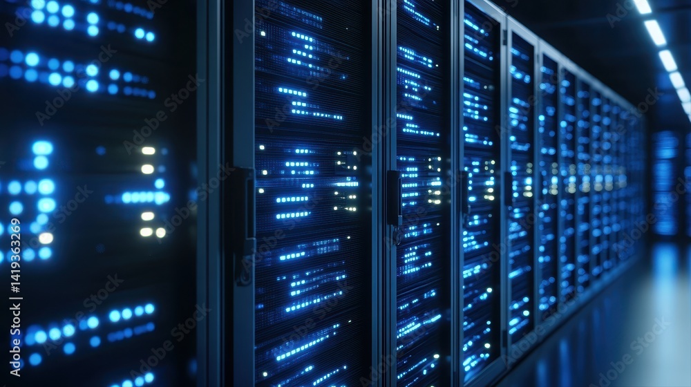Poster inside a server room, data flows through rows of blinking blue lights on network servers, highlighti