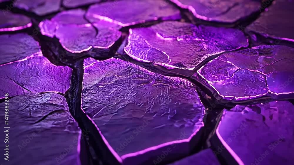 Poster vibrant purple cracks illuminate the rocky surface in an imaginative art display at a mysterious loc