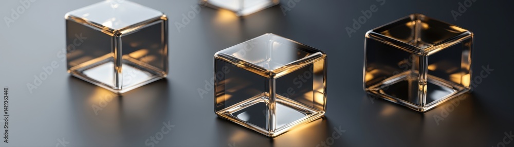 Aufkleber transparent crystal cubes with gold trim are artfully arranged on a dark surface, creating a captiva
