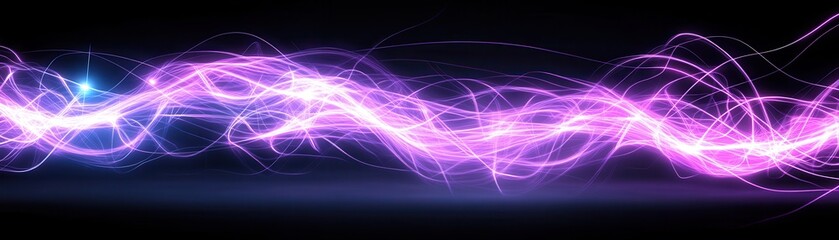 Obraz premium Abstract illustration of energy beams flowing in a horizontal direction, glowing with a vibrant purple hue against a dark background, creating dynamic movement.