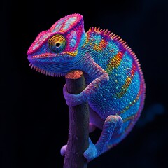 Vibrant and iridescent chameleon with glowing colors on dark background