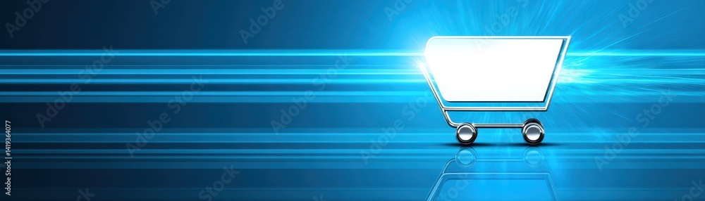 Poster a gleaming shopping cart glides swiftly on a blue illuminated surface, symbolizing fast online sales