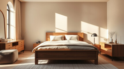 Modern bedroom with a wooden bed, white bedding and large windows. Natural materials, neutral tones and minimalist decor