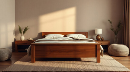 Cozy bedroom with a wooden bed and white bed linen. The interior is minimalist, with soft lighting and elegant design.