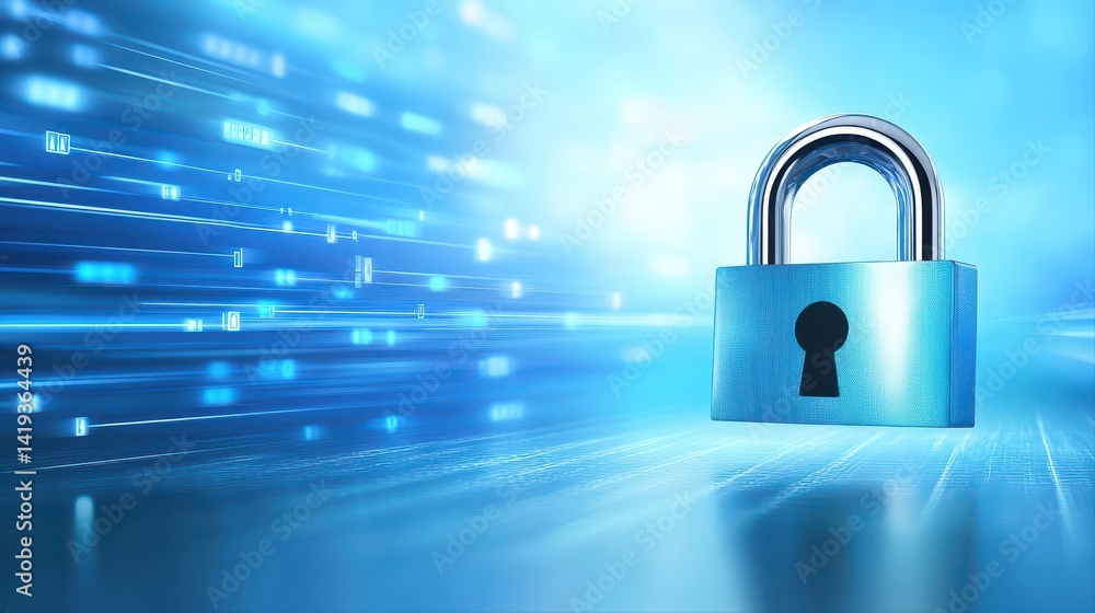 Poster a shiny blue padlock symbolizes digital security and data protection against a bright, flowing blue 