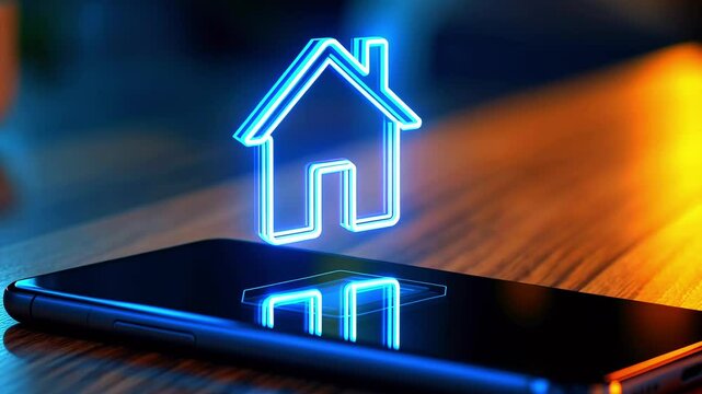 Smartphone displaying a glowing home icon on a wooden table, with a soft-focus background