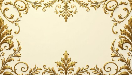 Symmetrical damask pattern with swirling leaves and arabesques in gold on cream , vintage, gold, seamless