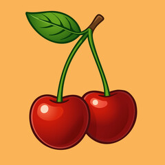 Twin Red Cherries Cartoon Illustration with Leaf